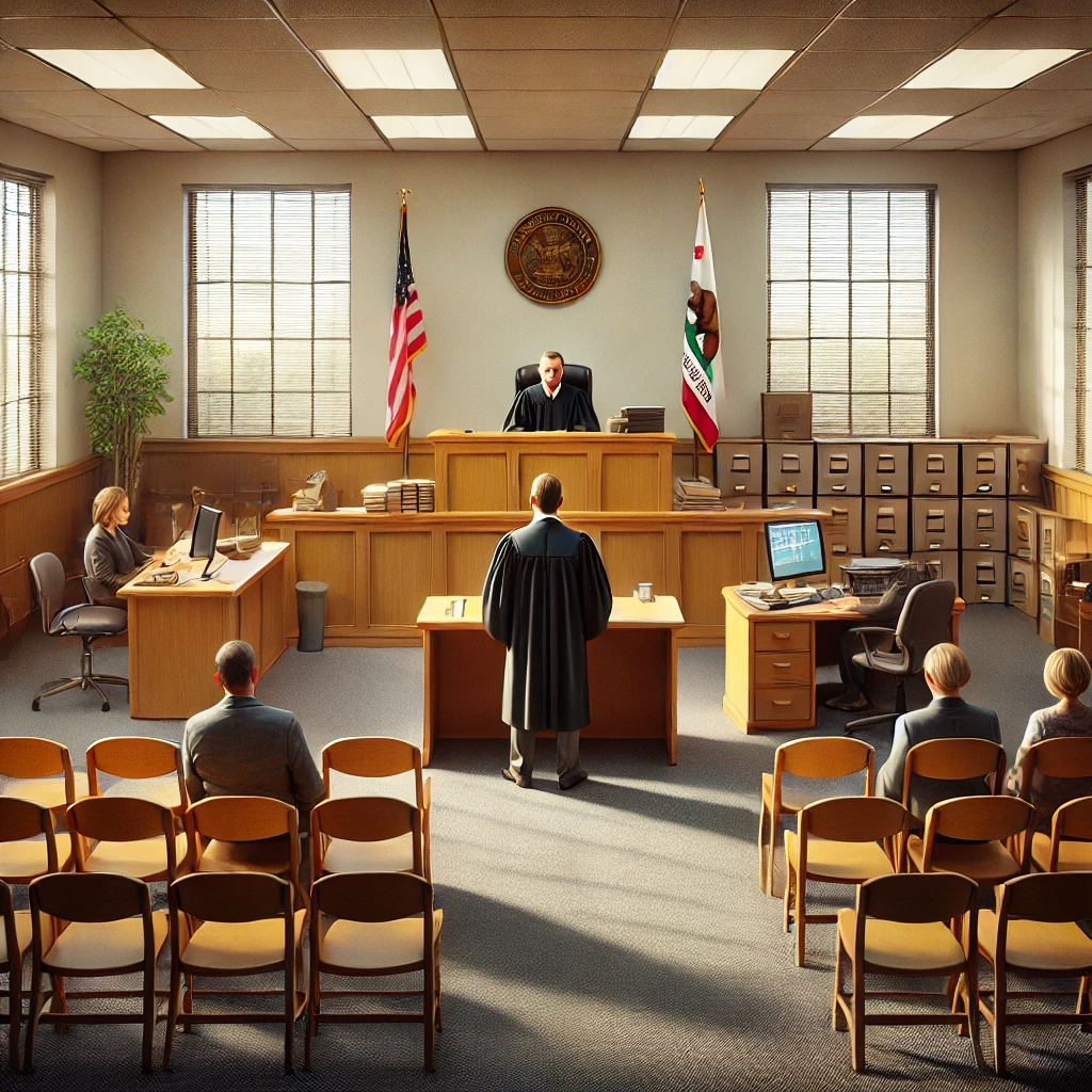 A small claims court in California, featuring a modest courtroom with wooden benches, a judge seated at an elevated bench wearing a black robe, and two parties presenting their cases at separate tables. The courtroom includes a clerk's desk with files and a computer, along with California state and United States flags. Sunlight streams through the windows, creating a serious yet accessible atmosphere for resolving legal disputes