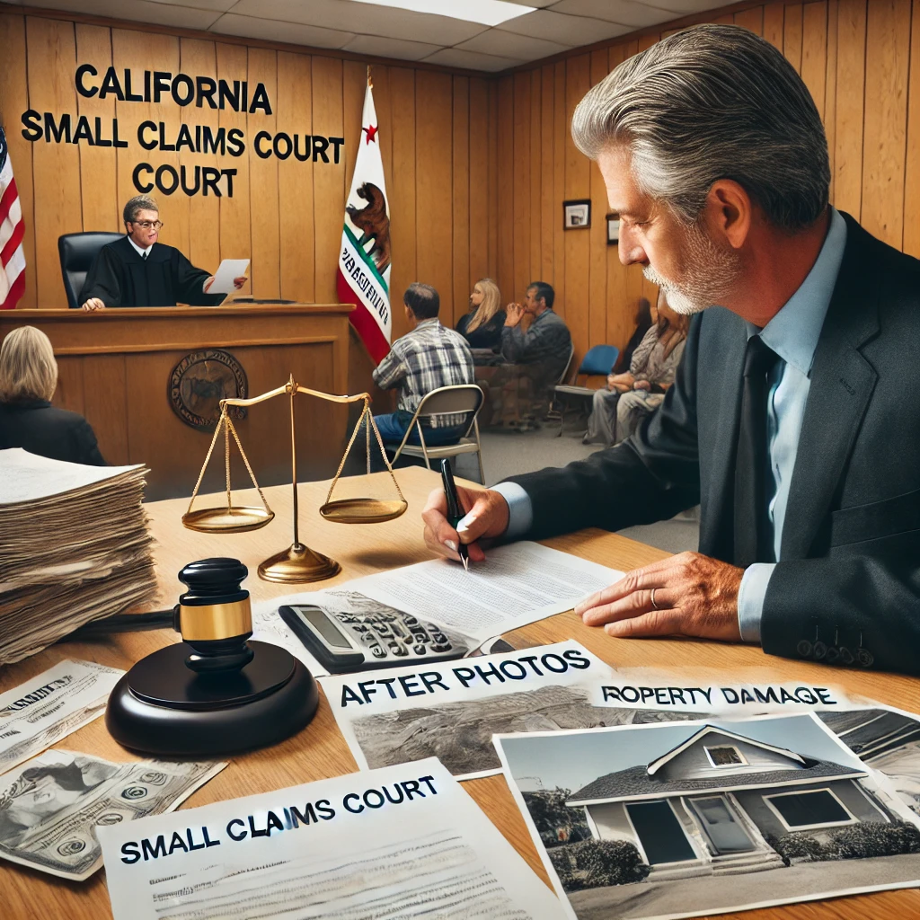 An attorney, such as James L. Arrasmith in California, will review evidence for a small claims court case, including photos of property damage, repair estimates, receipts, and a lease agreement. The background shows a small claims courtroom with a judge, a person presenting their case, and a California state flag, highlighting the legal process for property damage disputes